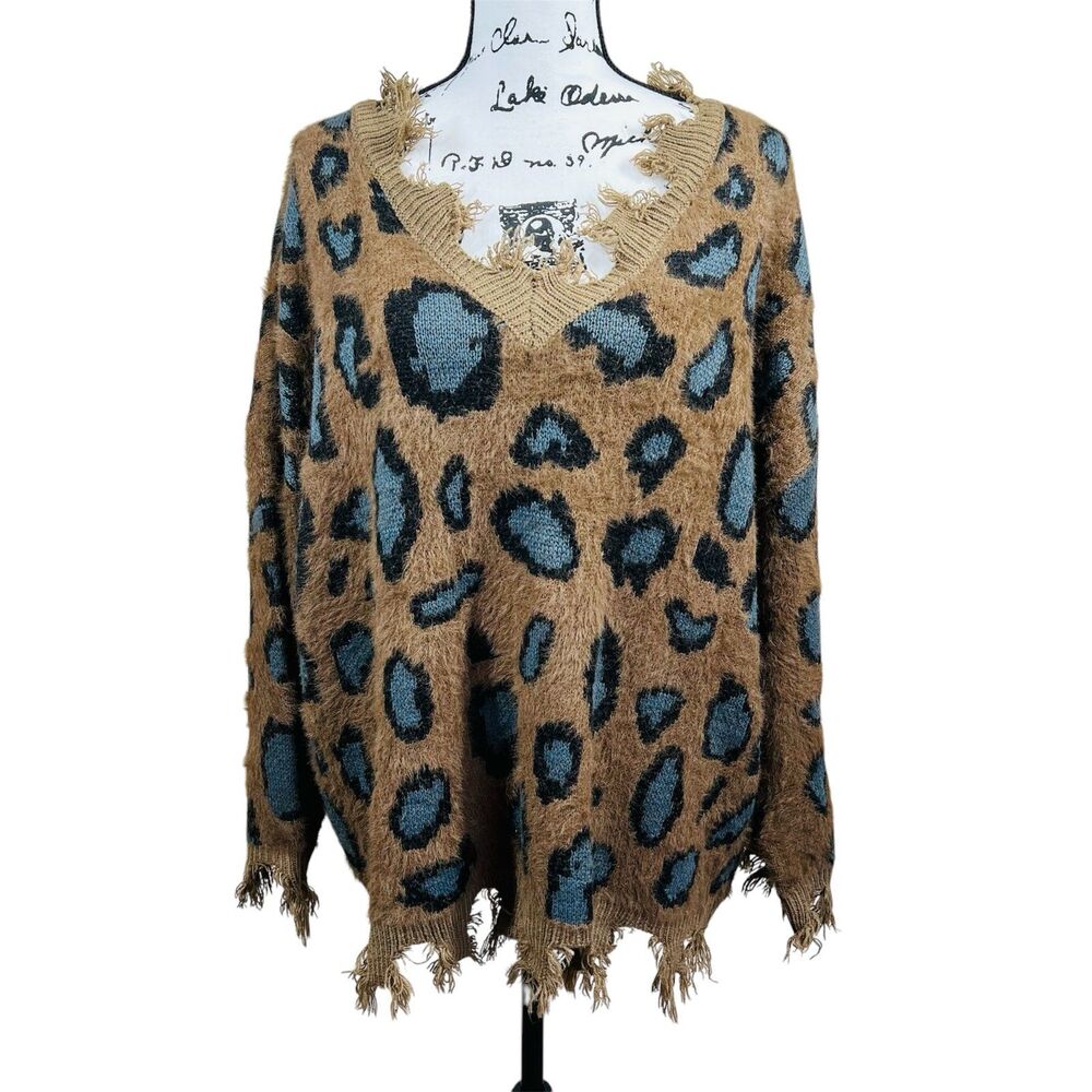 Simply Couture Women Brown/ blue Pullover Sweater  deep v neckline wool Blend XL